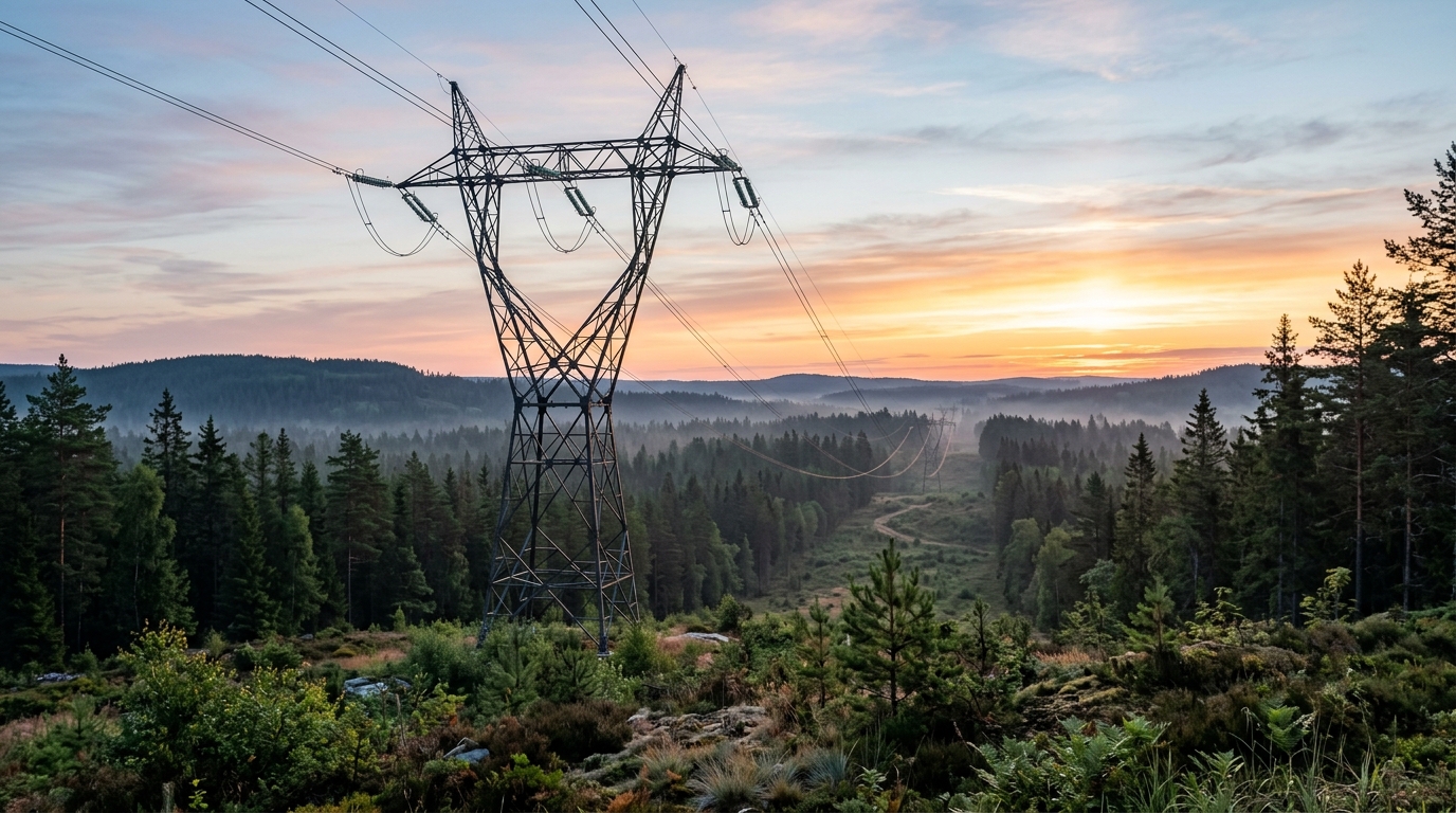 Kraftledningsstolpe och elnät i svenskt skogslandskap under gryningsljus