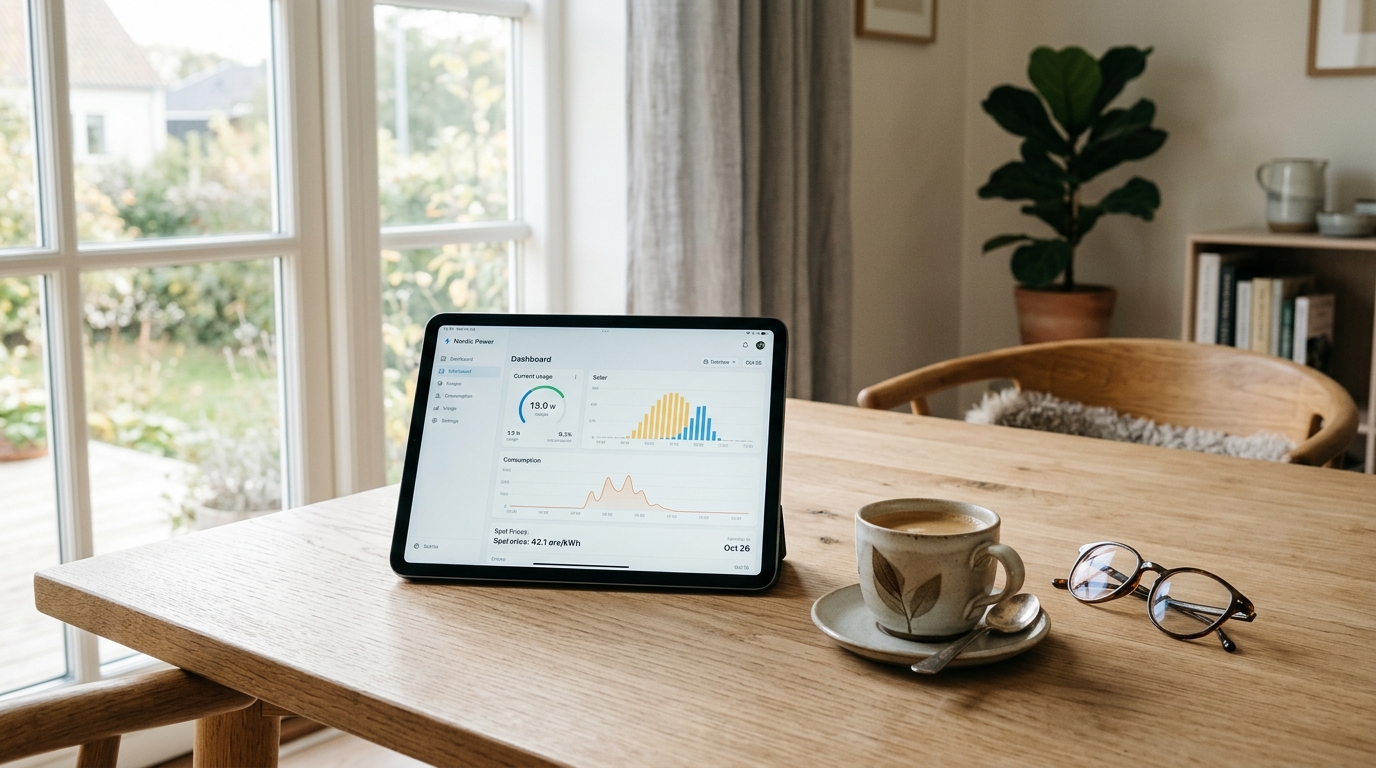 Smidig digital surfplatta med realtidsstatistik över elförbrukning och timpriser i ett skandinaviskt kök