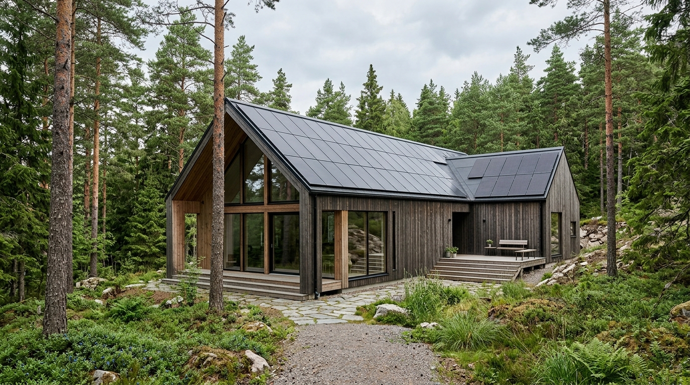 Modern skandinavisk träarkitektur med integrerade solceller på taket